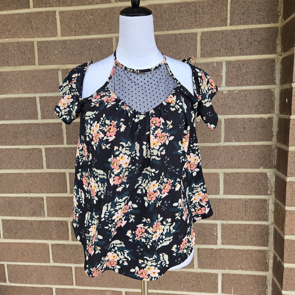 Mi Ami Floral Print Cold Shoulder Top Blouse Halter Neck Size M Feminine